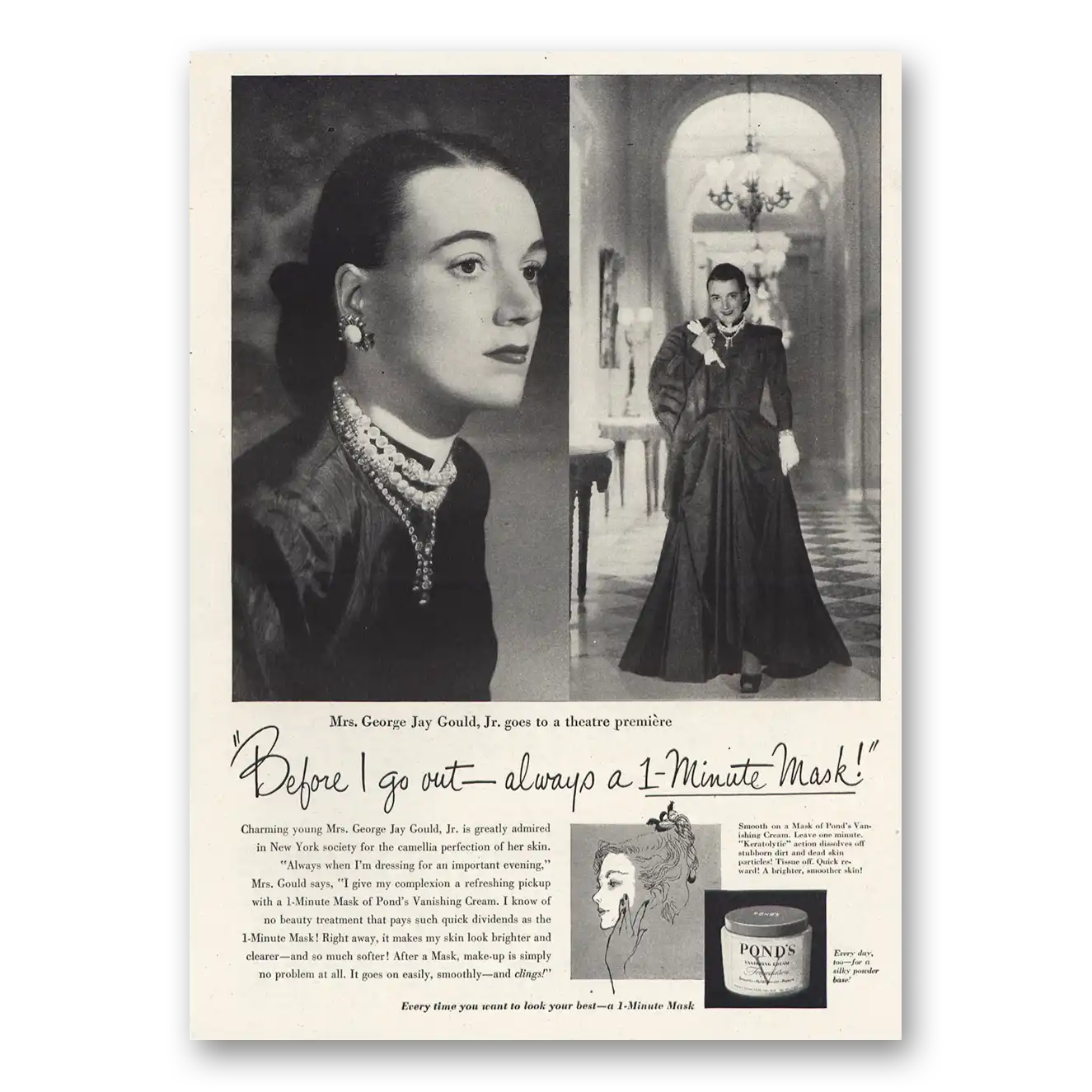 1947 Ponds Vanishing Cream Mrs George Gould Vintage Magazine Print Ad