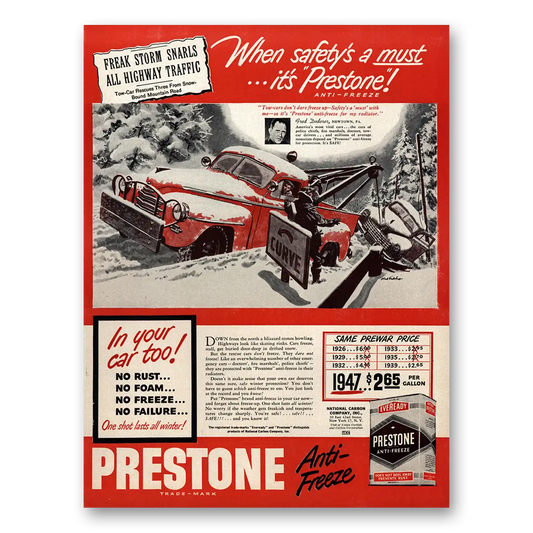 1947 Prestone Anti Freeze Freak Storm Snarls All Highway Traffic Vintage Magazine Print Ad