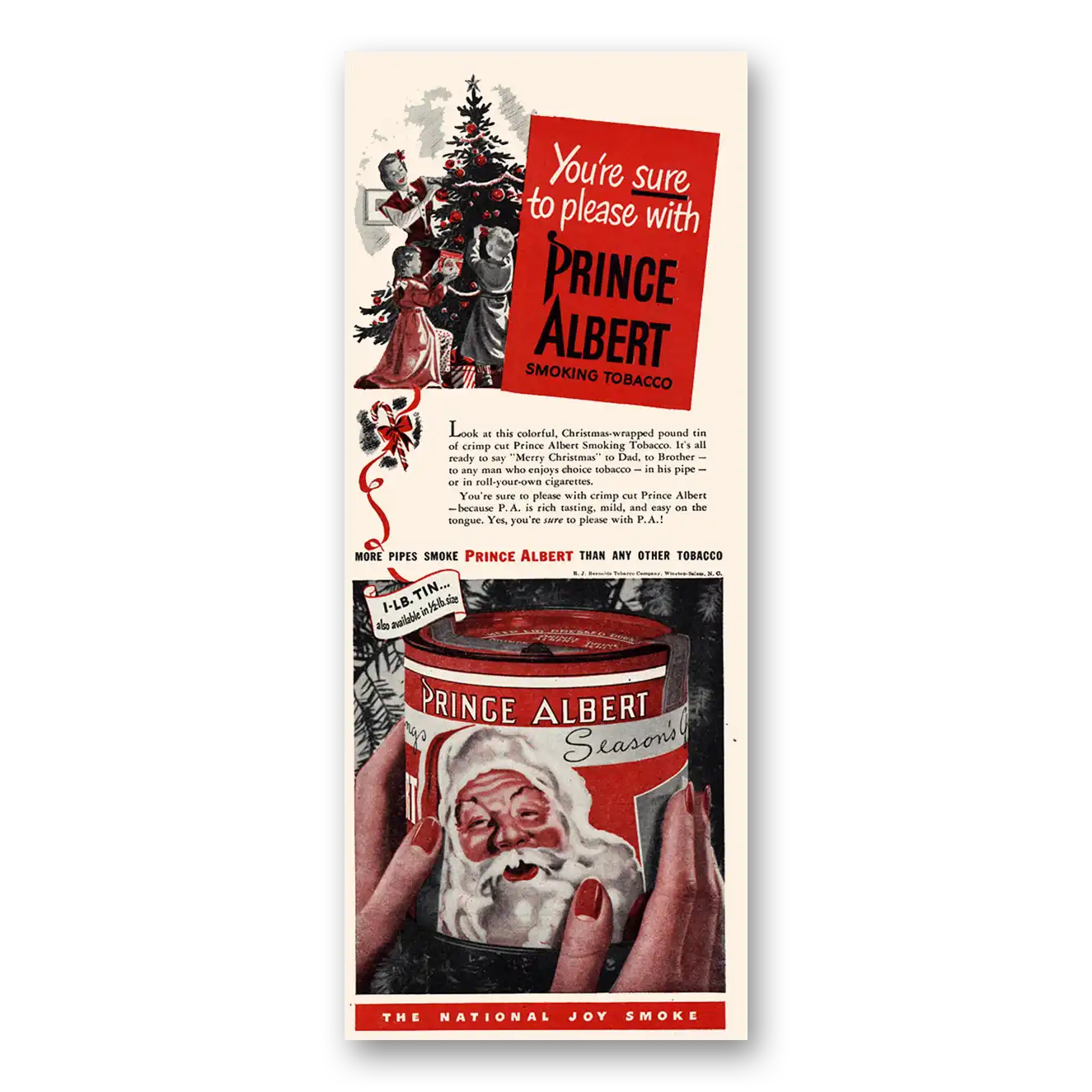 1947 Prince Albert Tobacco Sure to Please Santa Claus Vintage Magazine Print Ad