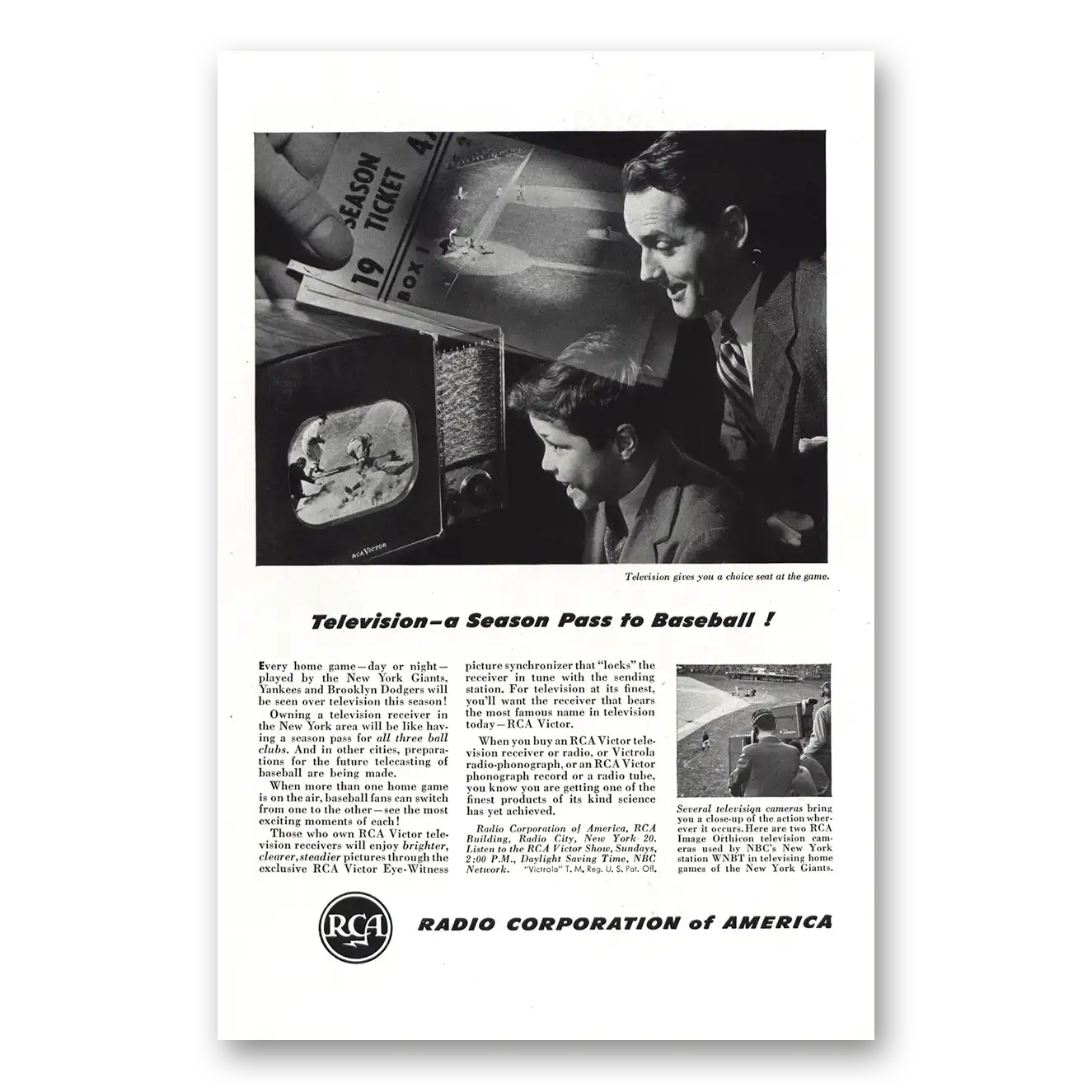 1947 RCA Television Season Pass to Baseball Vintage Magazine Print Ad