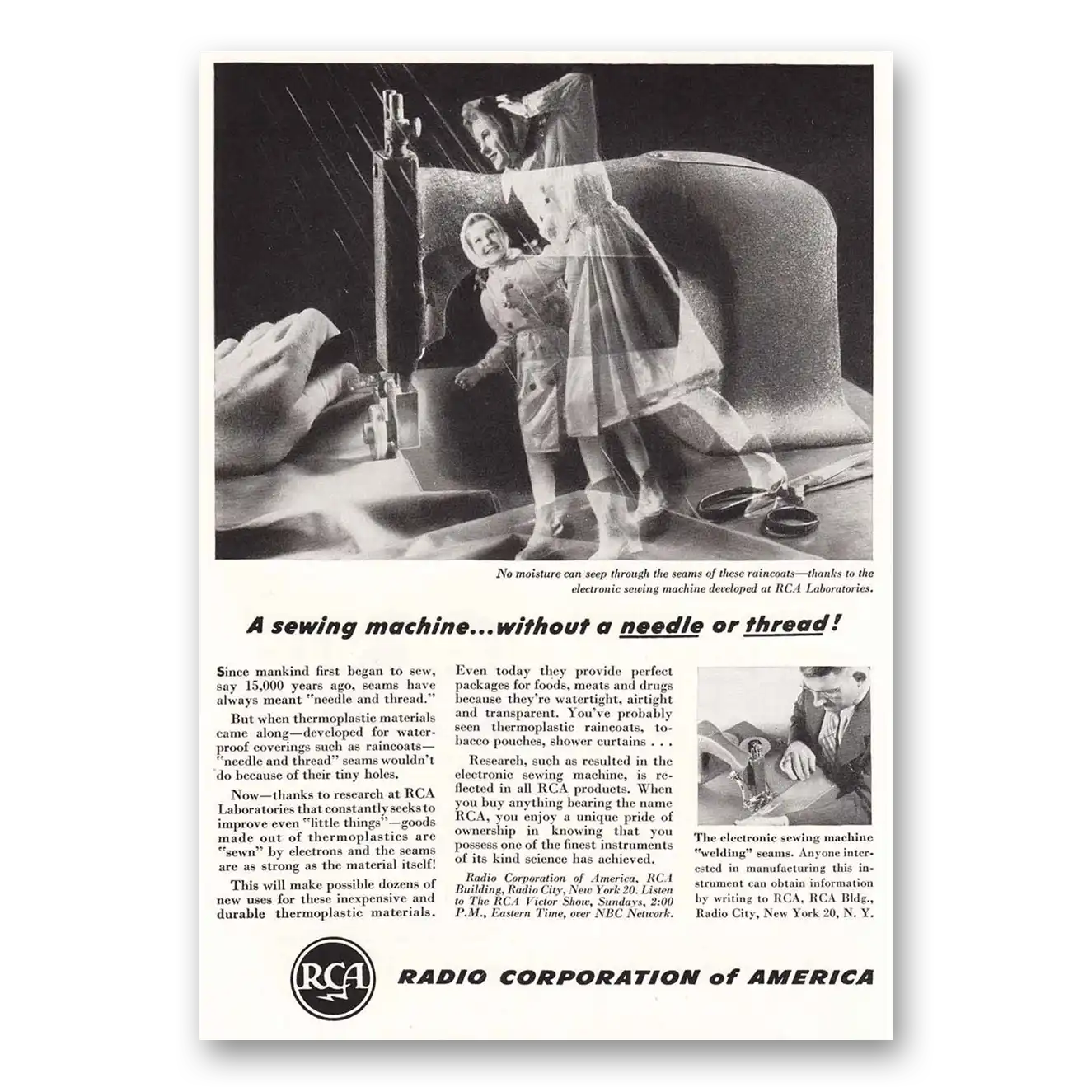 1947 RCA Electronic Sewing Machine Without a Needle or Thread Vintage Magazine Print Ad