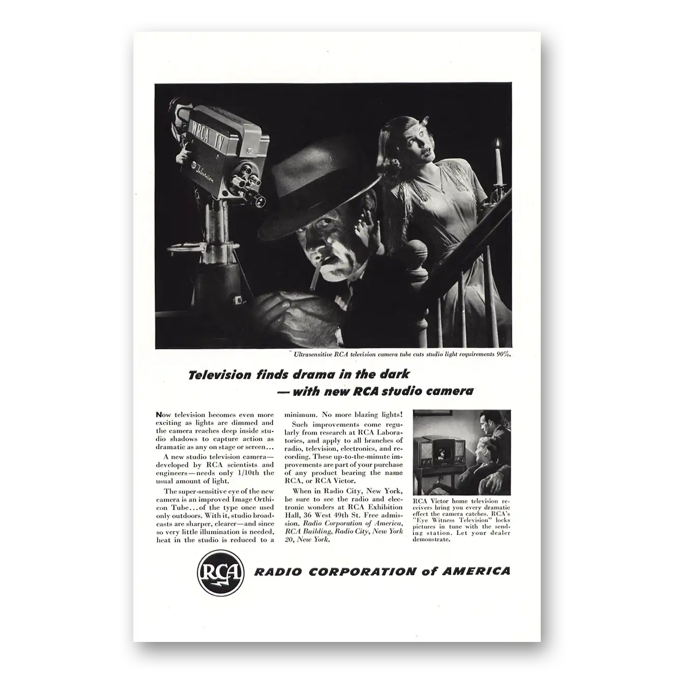 1947 RCA Television Finds Drama in the Dark Vintage Magazine Print Ad