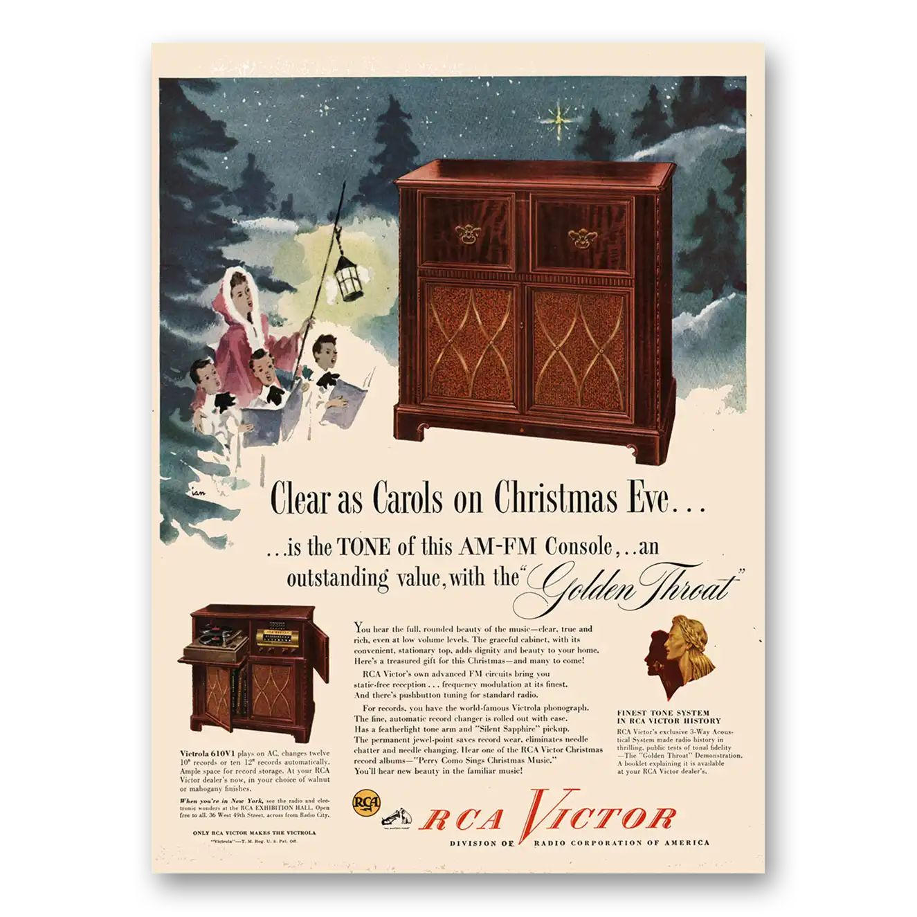 1947 RCA Victor AM FM Console Clear as Carols on Christmas Eve Vintage Magazine Print Ad