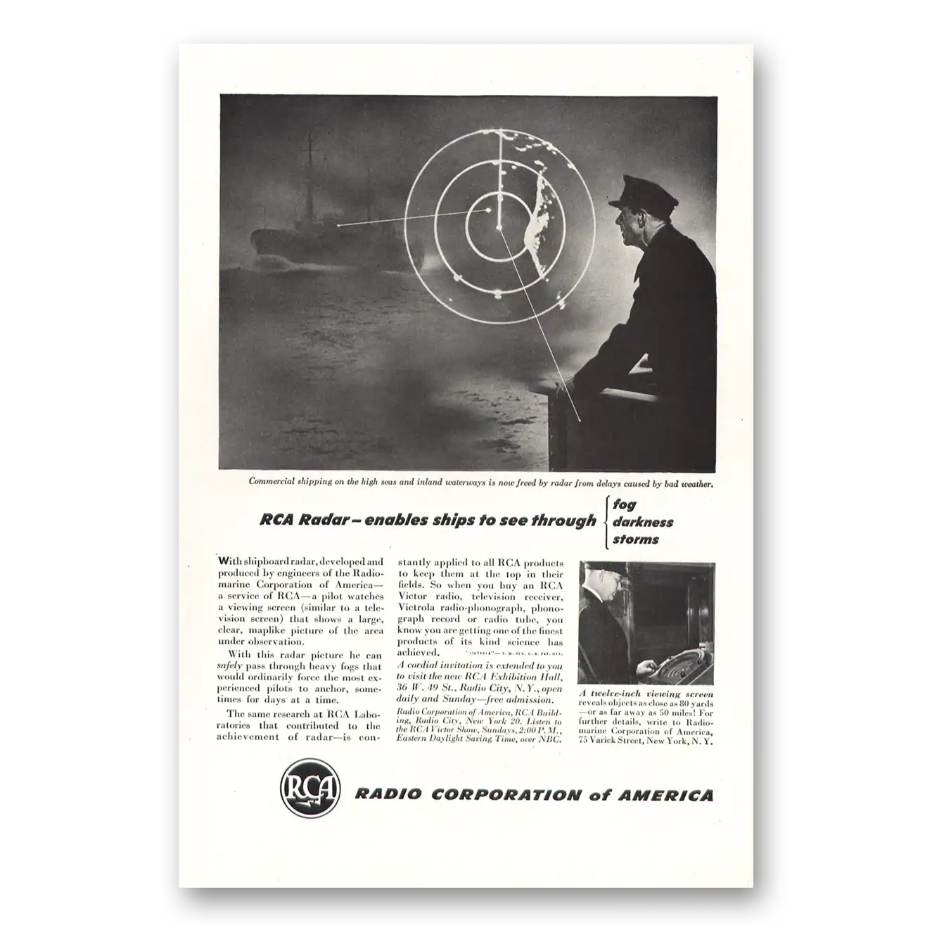 1947 RCA Radar Enables Ships to See Through Vintage Magazine Print Ad