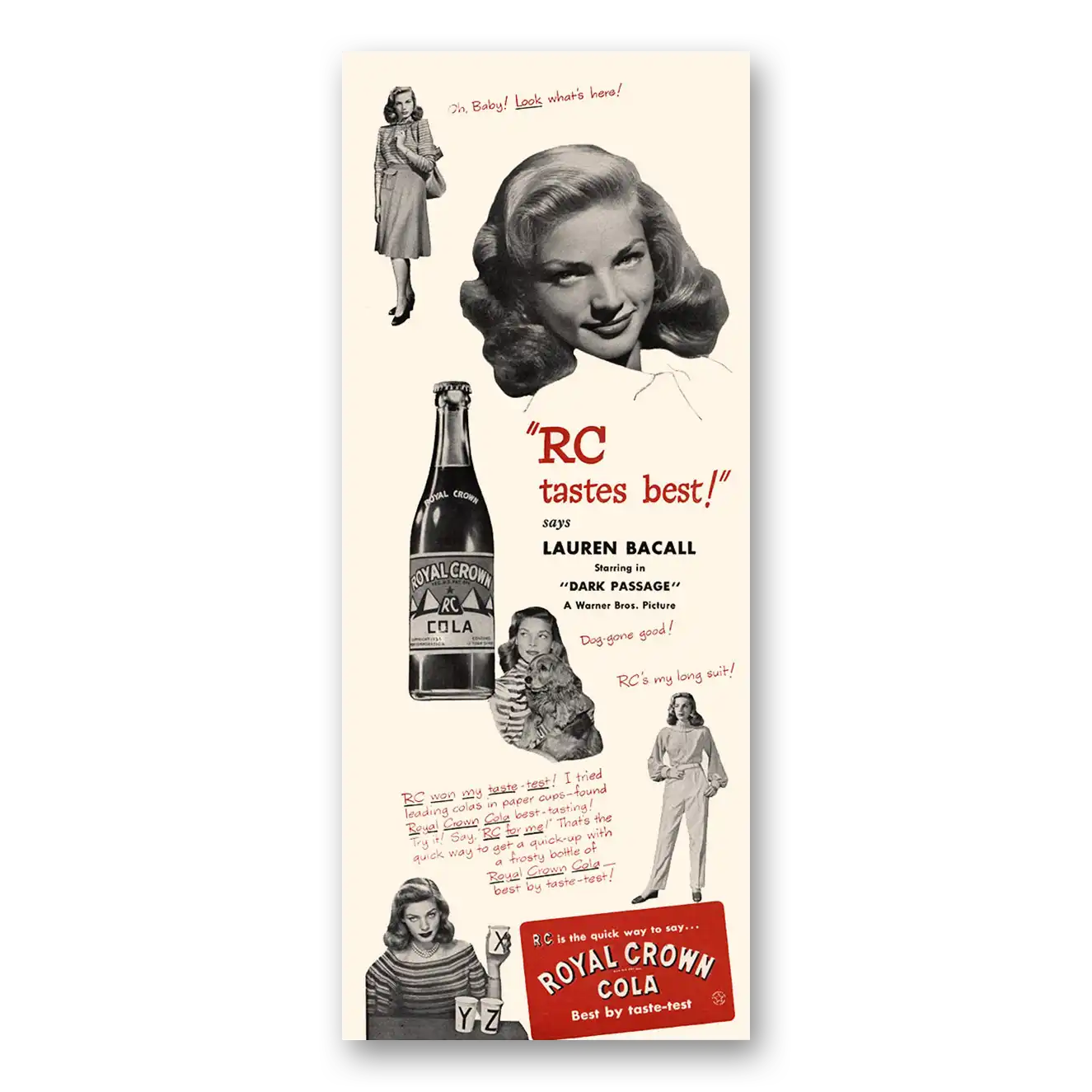 1947 Royal Crown Cola Lauren Bacall Dark Passage Vintage Magazine Print Ad