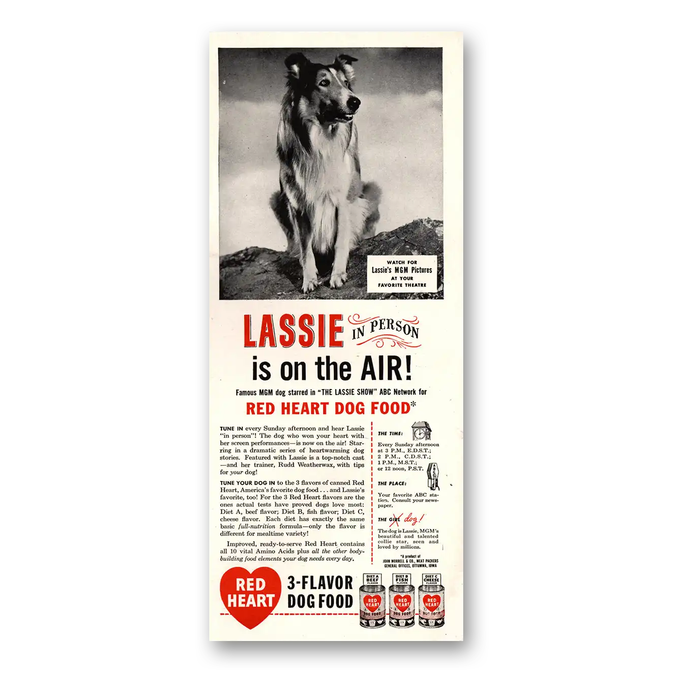 1947 Red Heart Dog Food Lassie Is On the Air Vintage Magazine Print Ad