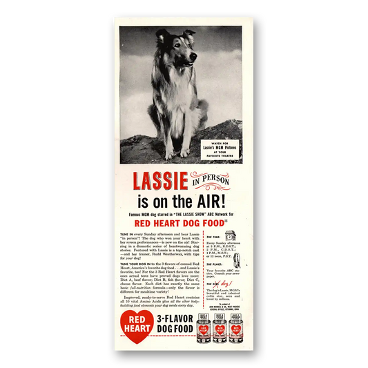 1947 Red Heart Dog Food Lassie Is On the Air Vintage Magazine Print Ad