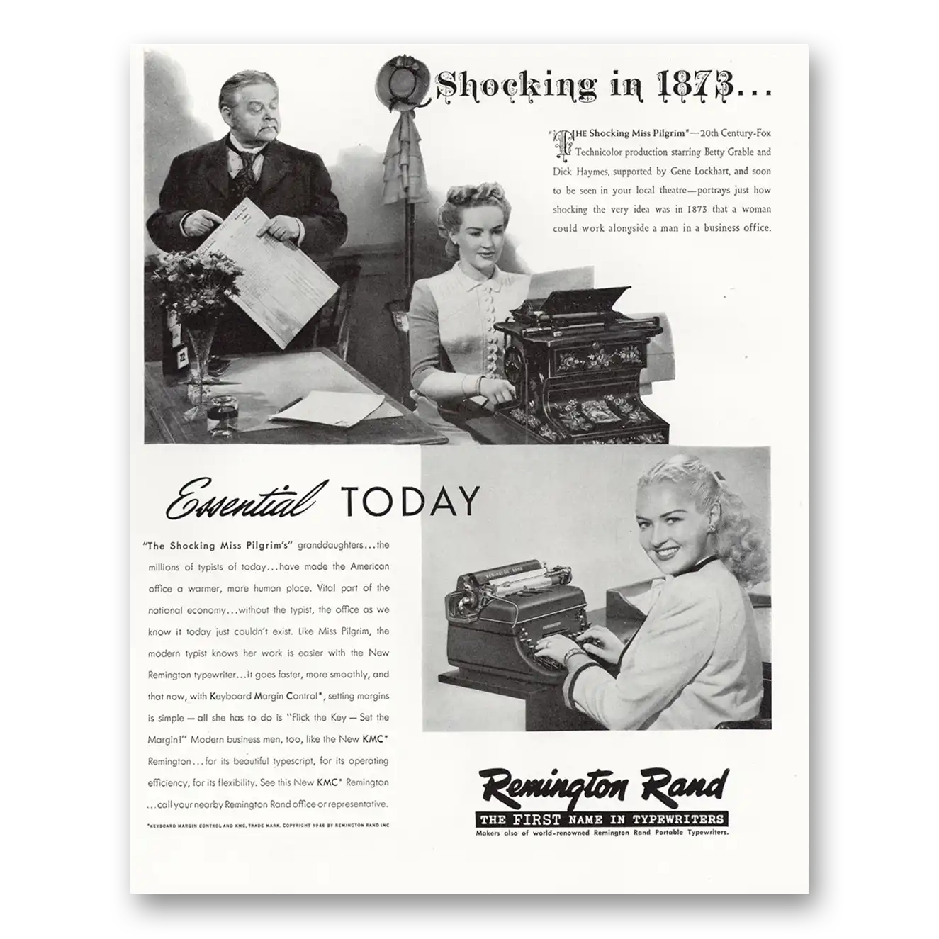 1947 Remington Typewriter Shocking in 1873 Vintage Magazine Print Ad