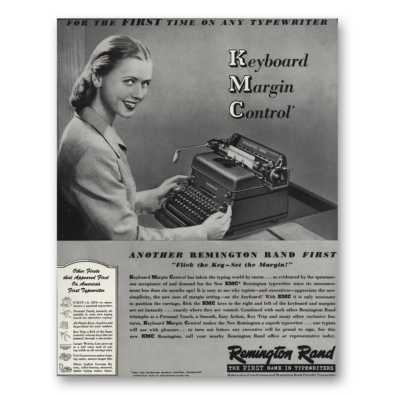 1947 Remington Typewriter Keyboard Margin Control Vintage Magazine Print Ad