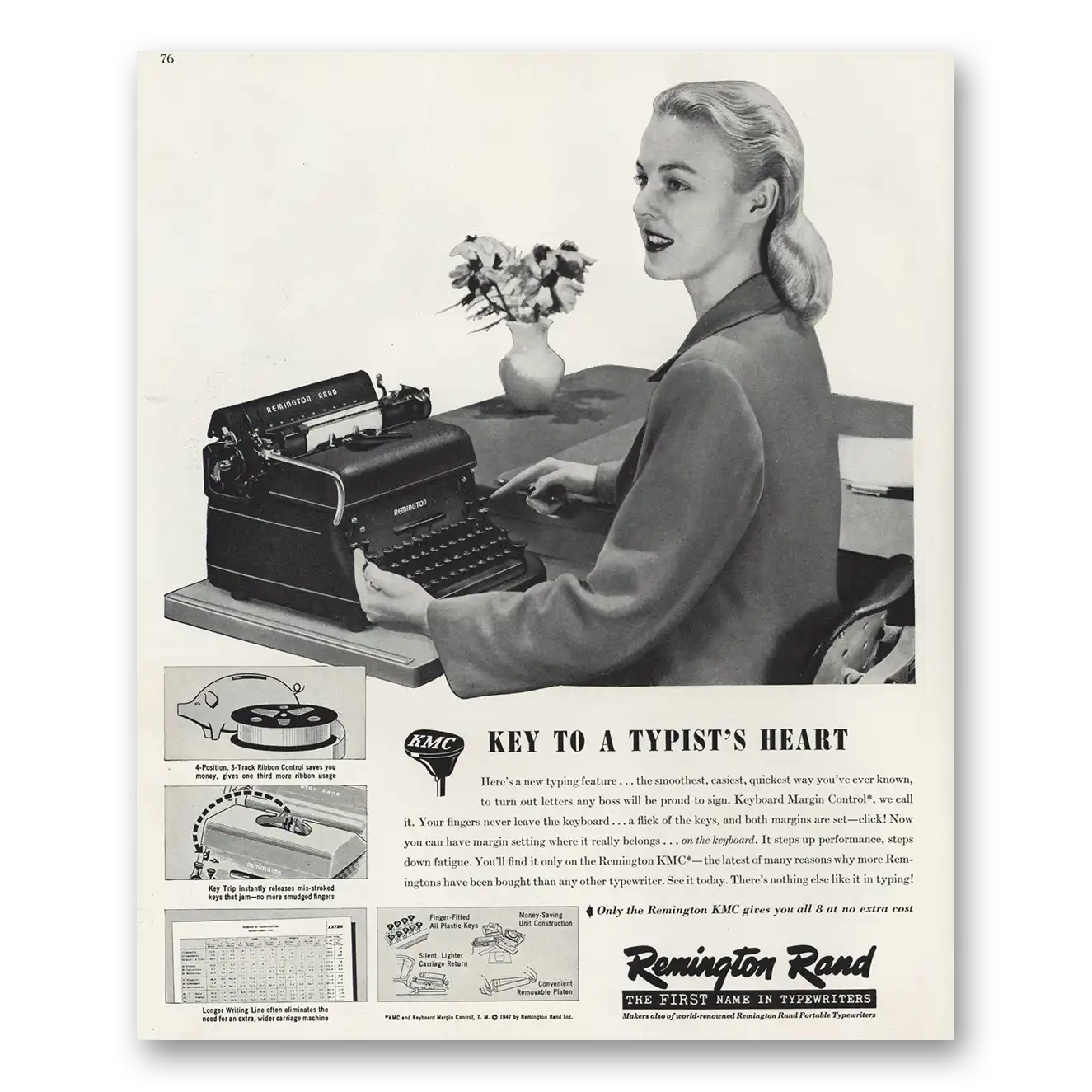 1947 Remington Typewriter Key to Typists Heart Vintage Magazine Print Ad