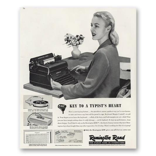 1947 Remington Typewriter Key to Typists Heart Vintage Magazine Print Ad