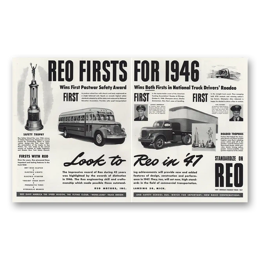 1947 Reo Trucks Wins Postwar Safety Award Vintage Magazine Print Ad