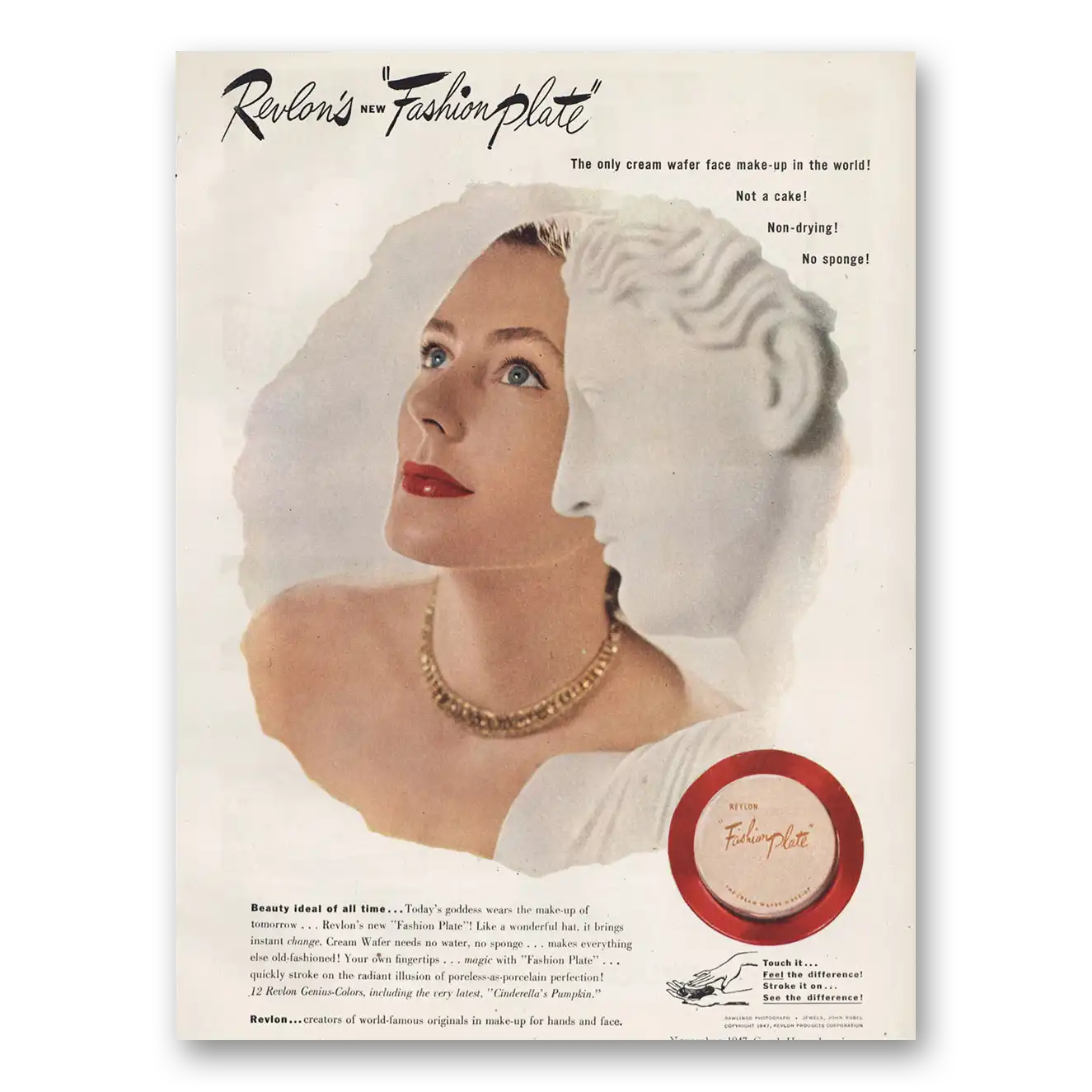 1947 Revlon Fashion Plate Makeup Cream Water Face Make Up Vintage Magazine Print Ad