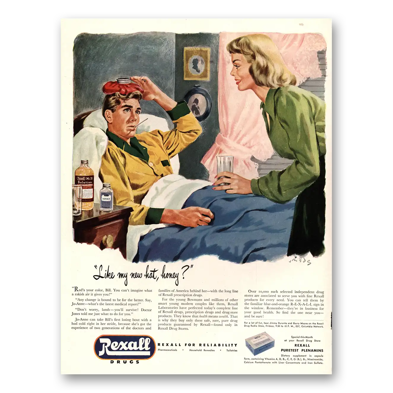 1947 Rexall Drug Stores Drugs Like My New Hat Honey Vintage Magazine Print Ad