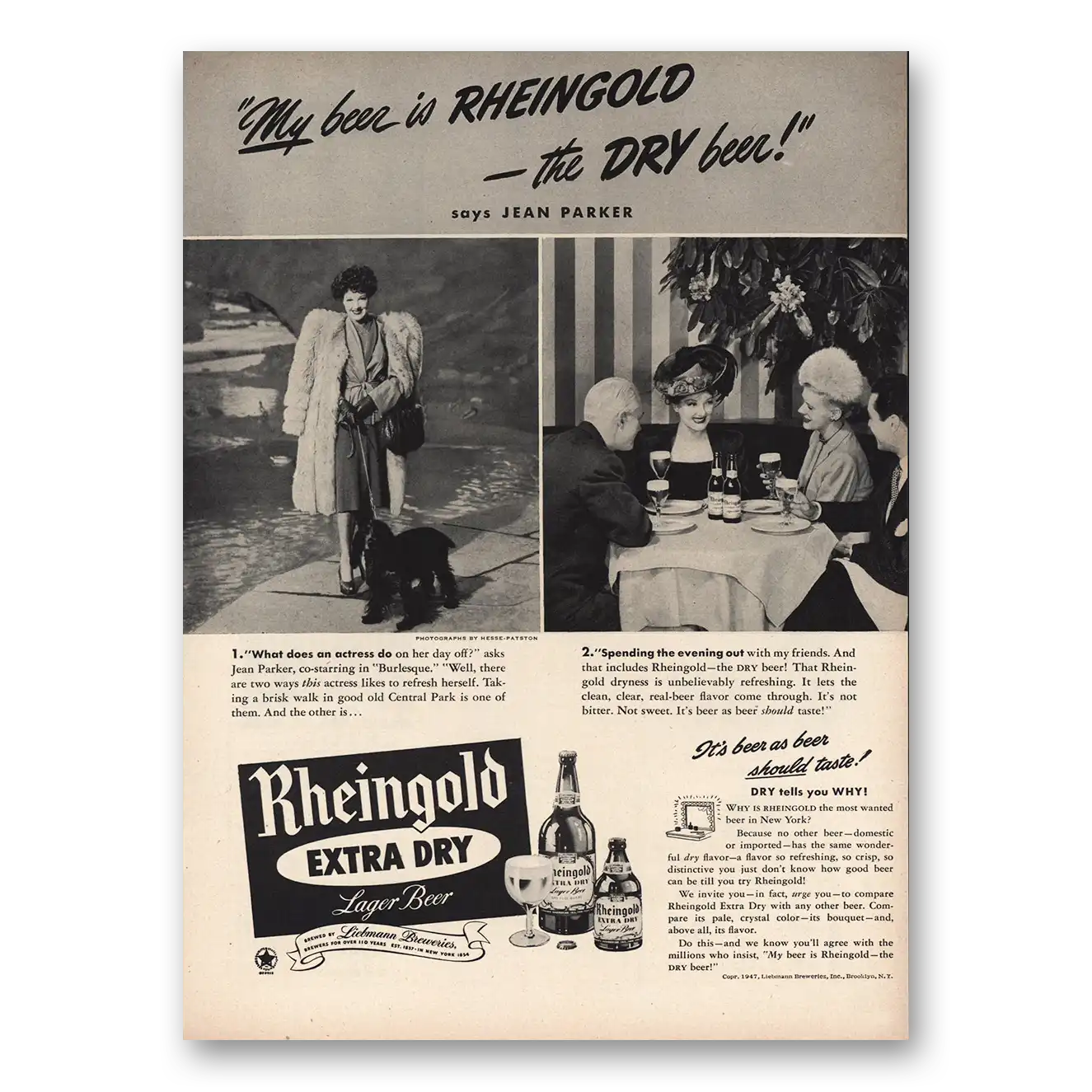 1947 Rheingold Beer Jean Parker Vintage Magazine Print Ad