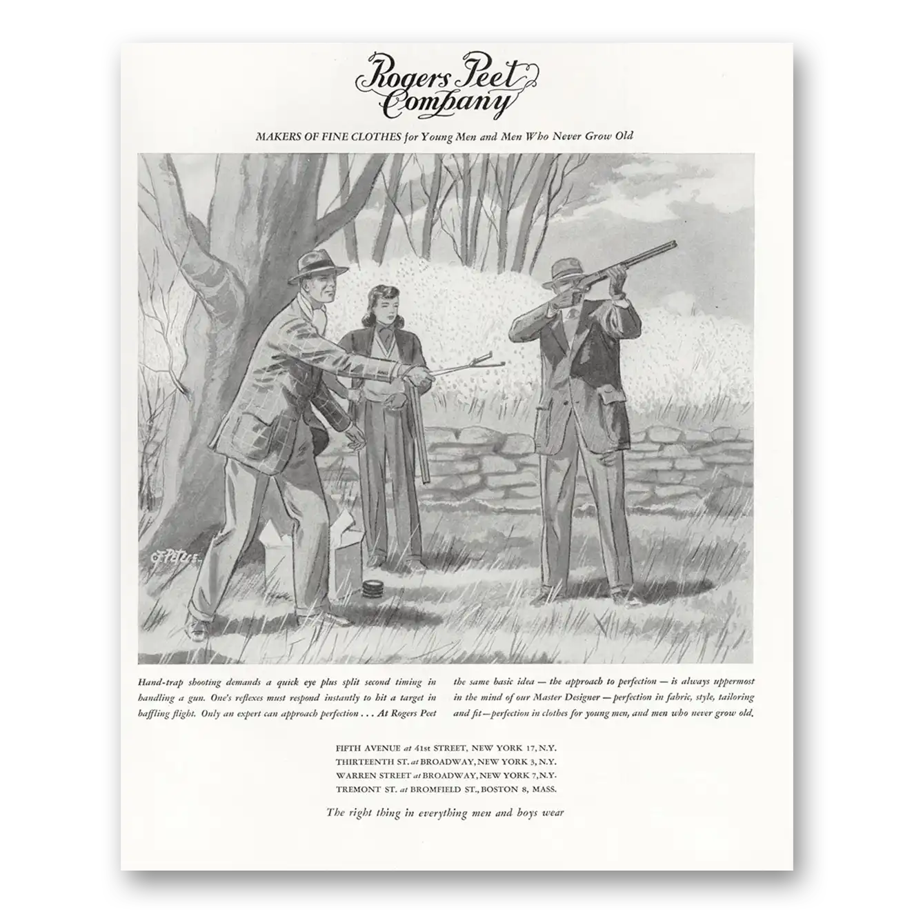 1947 Rogers Peet Hand Trap Shooting Vintage Magazine Print Ad