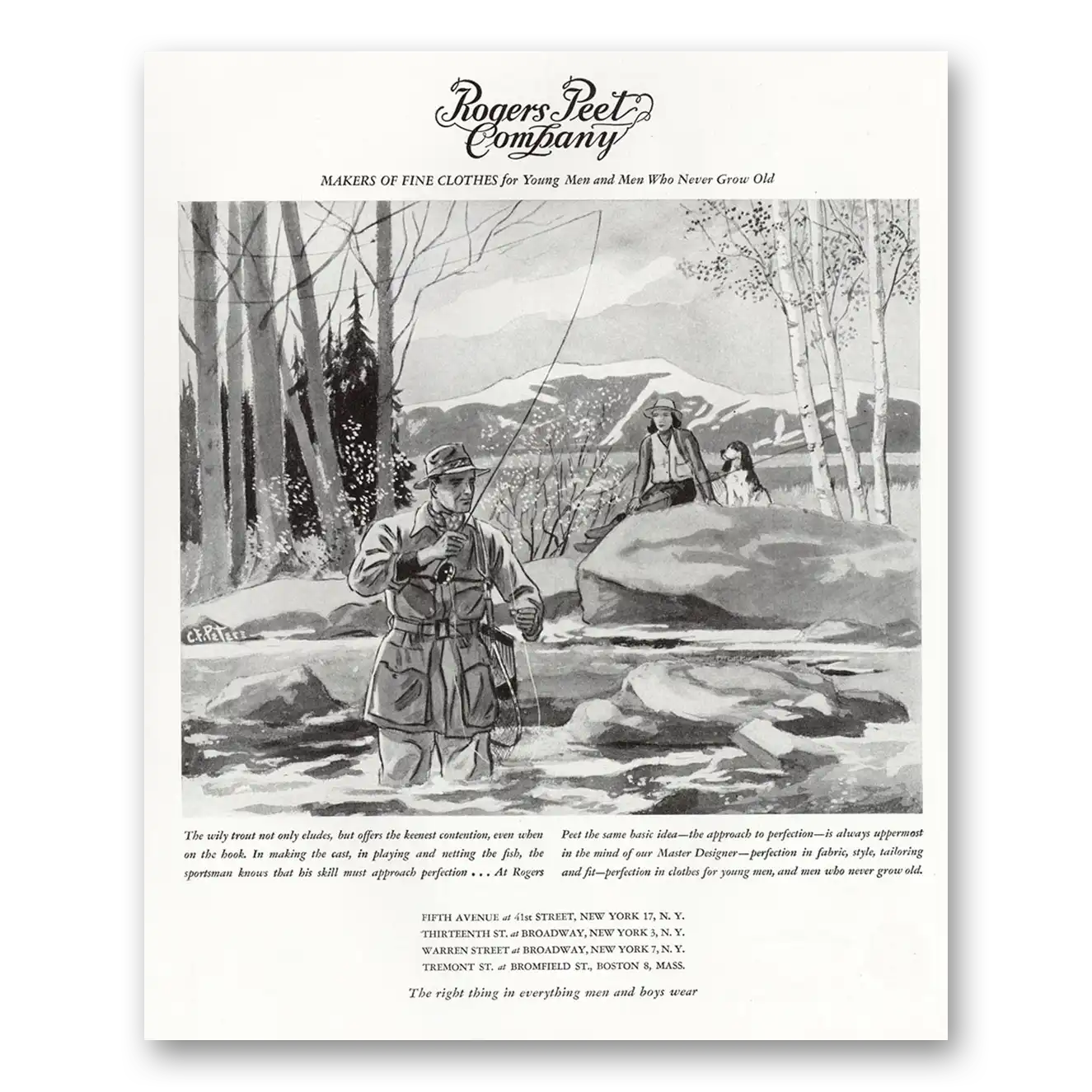 1947 Rogers Peet Wily Trout Not Only Eludes Vintage Magazine Print Ad