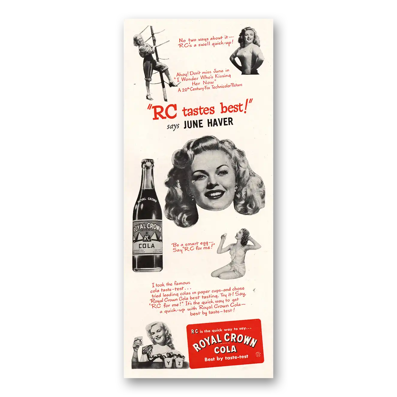 1947 Royal Crown Cola June Haver Vintage Magazine Print Ad