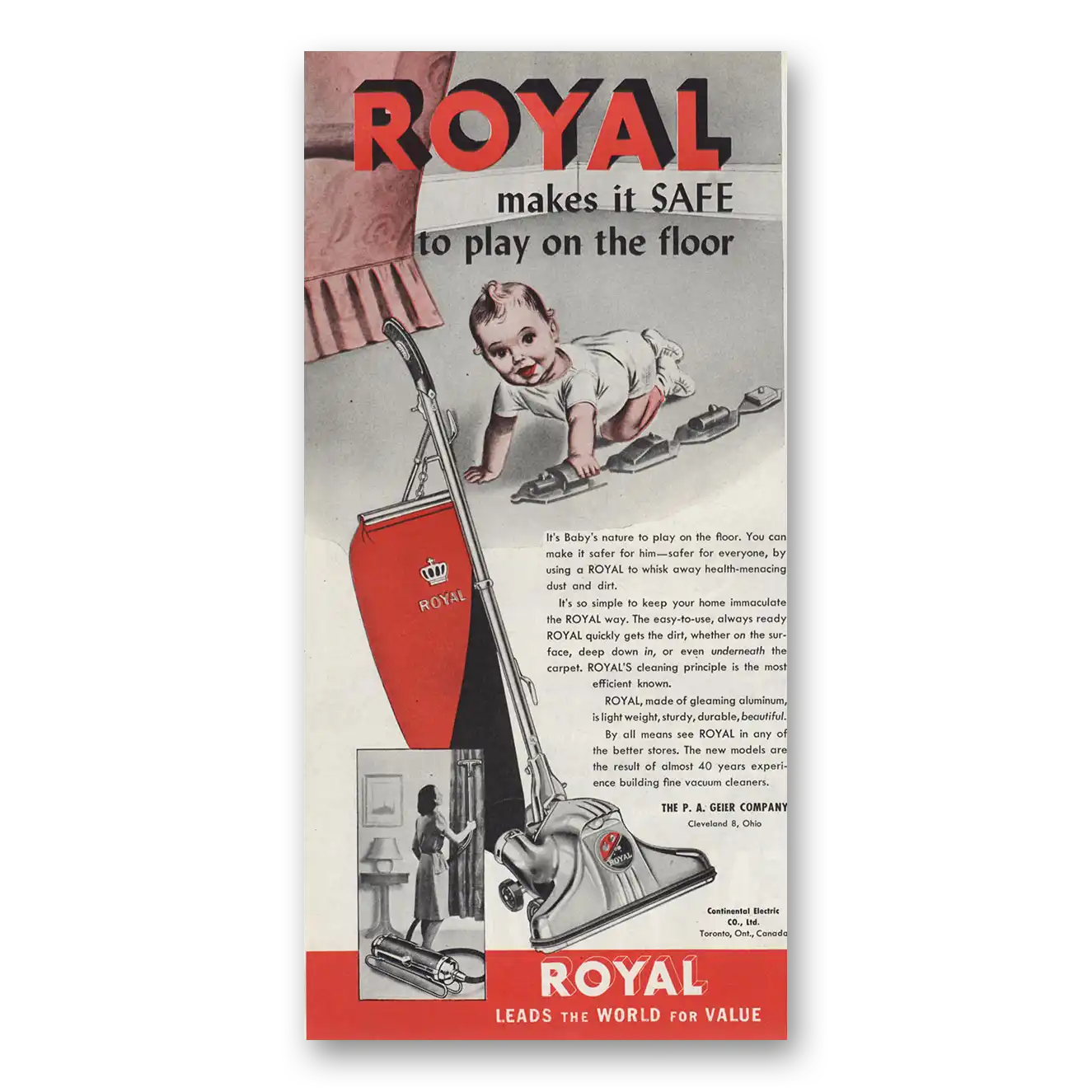 1947 Royal Vacuum Cleaner Safe to Play On the Floor Vintage Magazine Print Ad