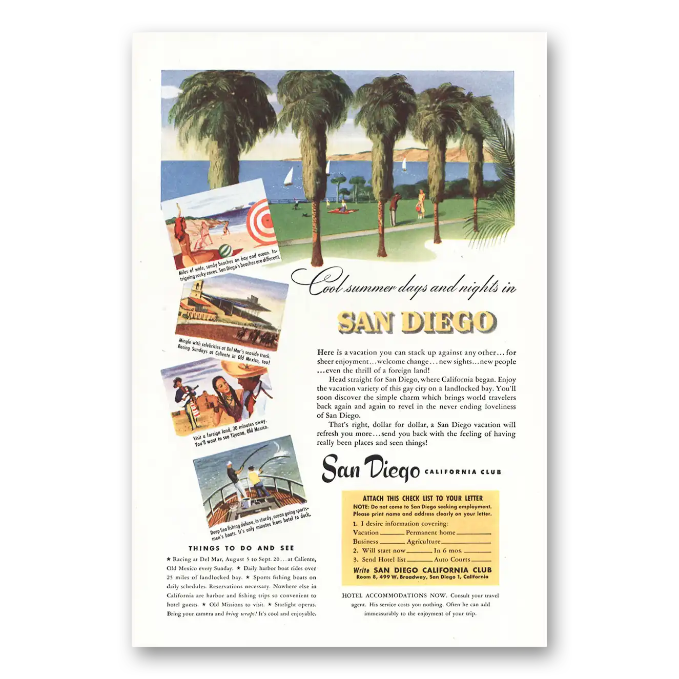 1947 San Diego California Cool Summer Days and Nights Vintage Magazine Print Ad