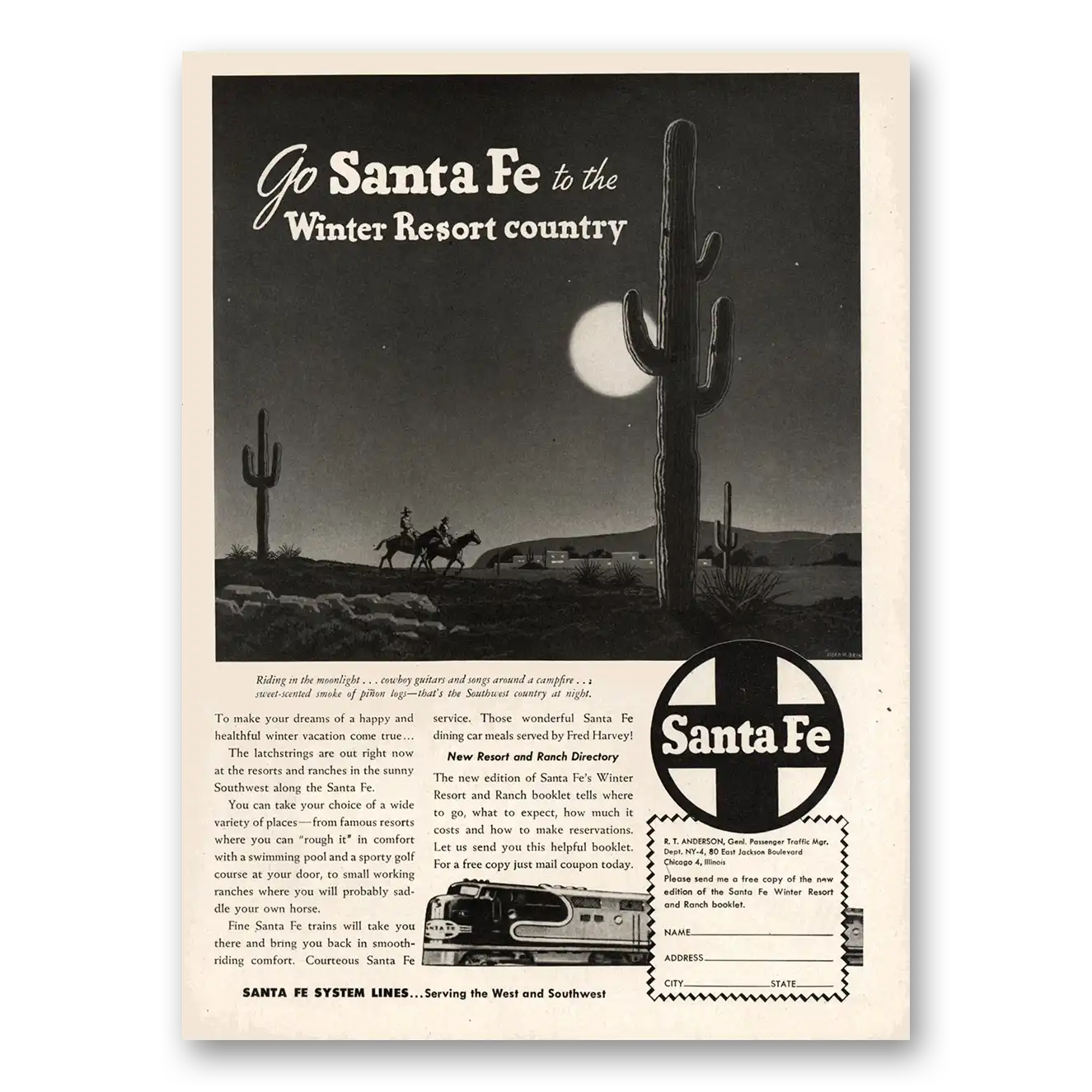 1947 Santa Fe Railway Winter Resort Country Vintage Magazine Print Ad