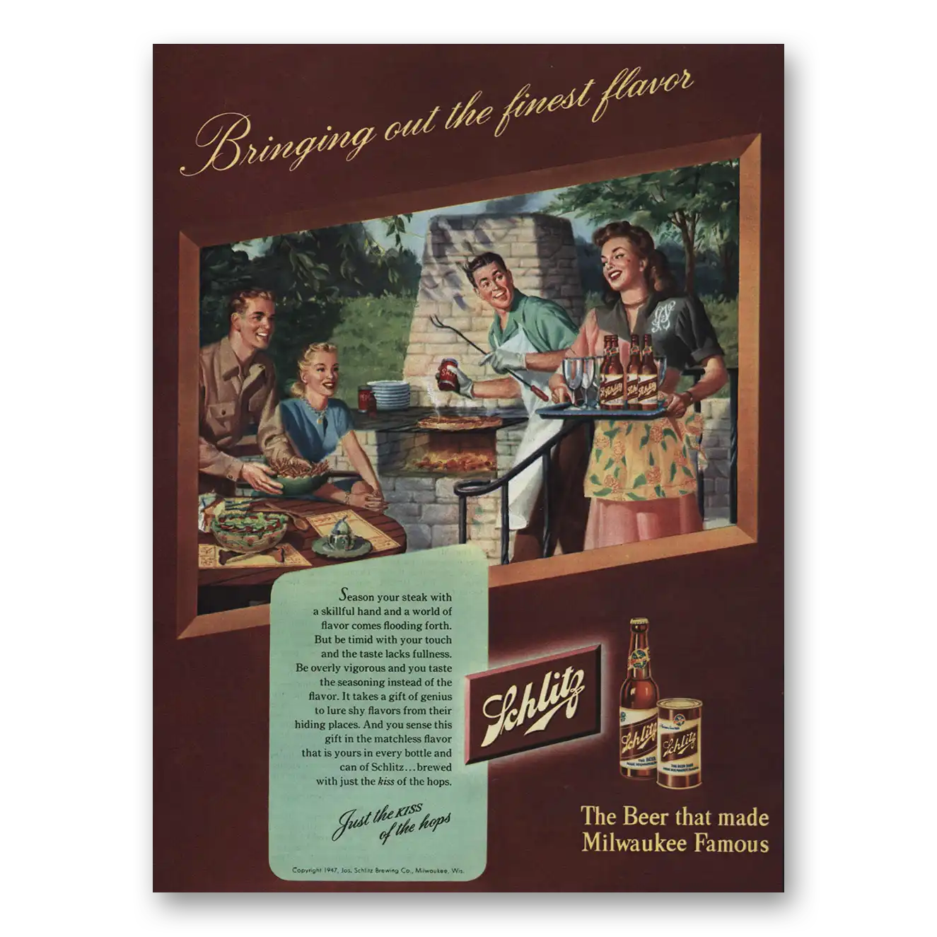 1947 Schlitz Beer Bringing Out the Finest Flavor Barbecue Vintage Magazine Print Ad