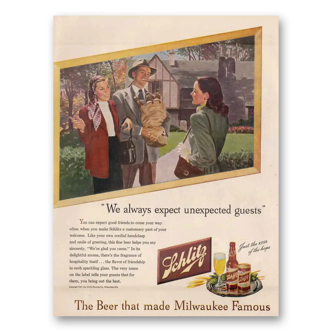 1947 Schlitz Beer We Always Expect Unexpected Guests Vintage Magazine Print Ad