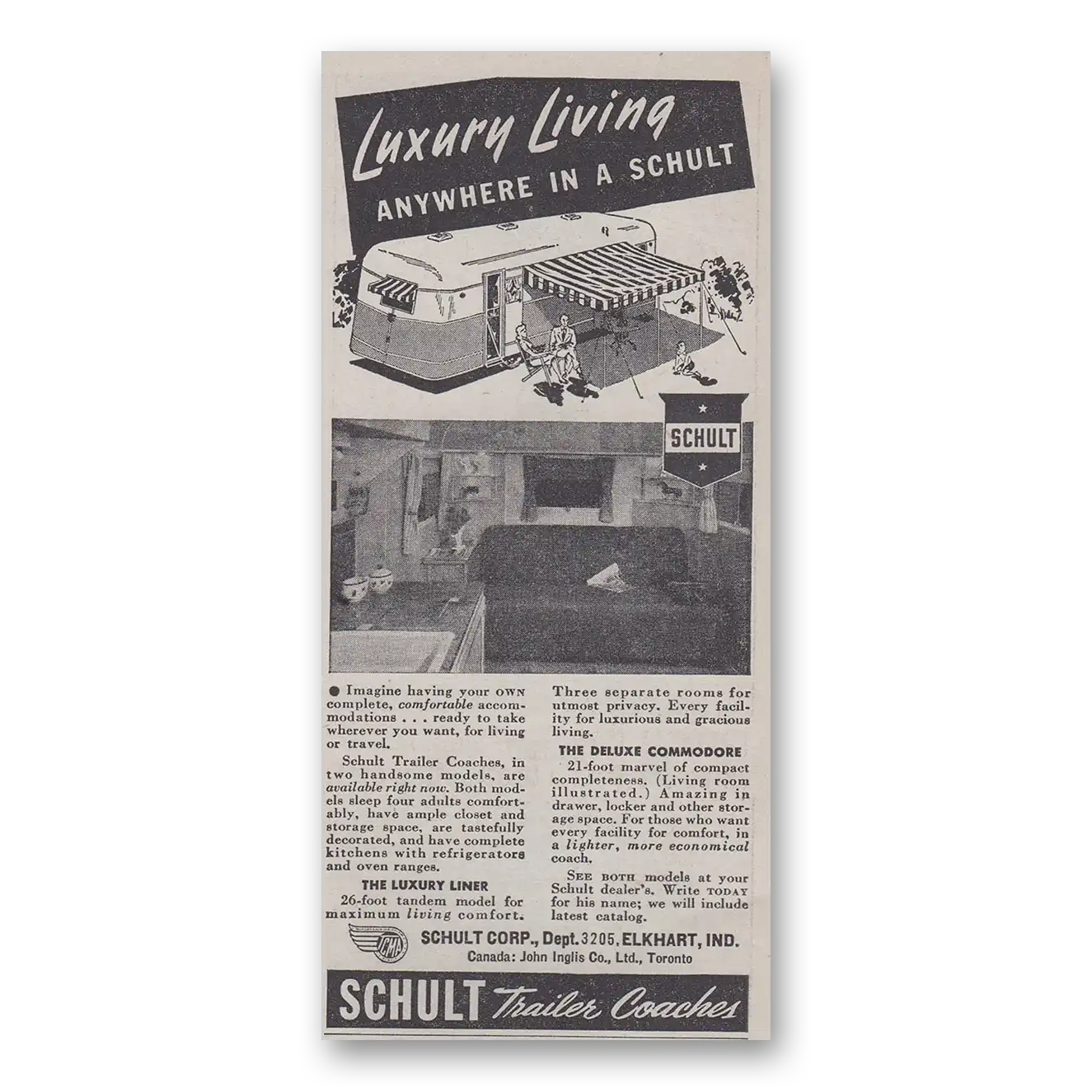 1947 Schult Trailer Coaches Luxury Living Vintage Magazine Print Ad