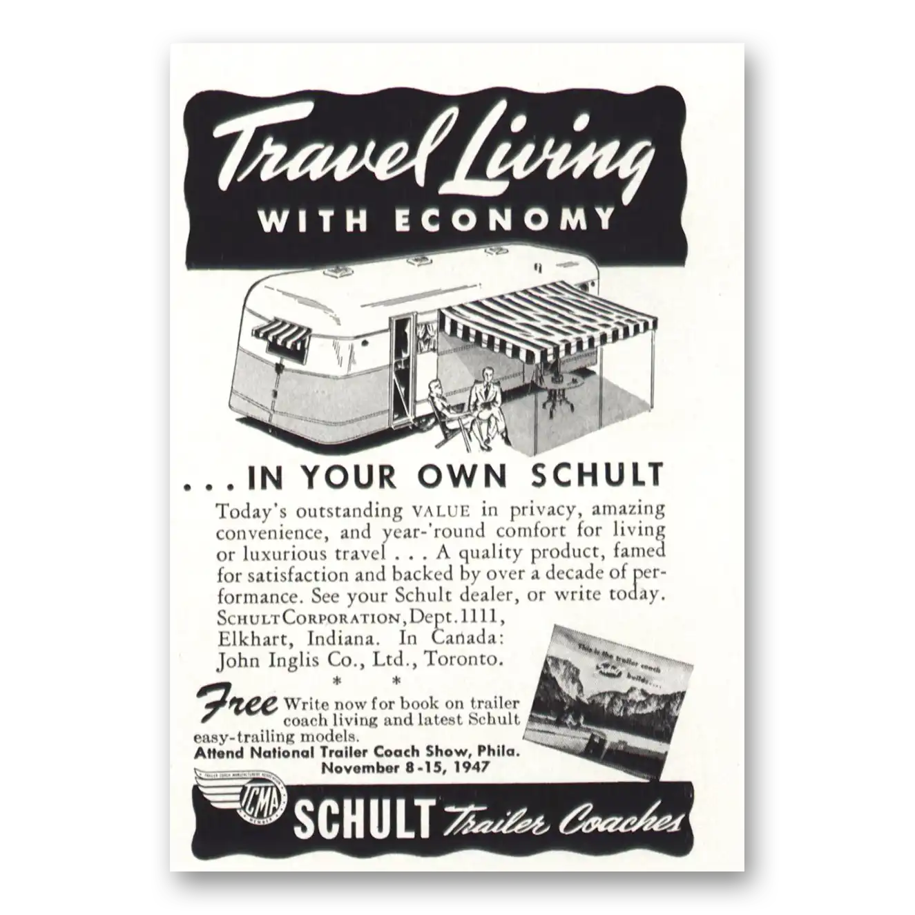 1947 Schult Trailer Coaches Travel Living With Economy Vintage Magazine Print Ad