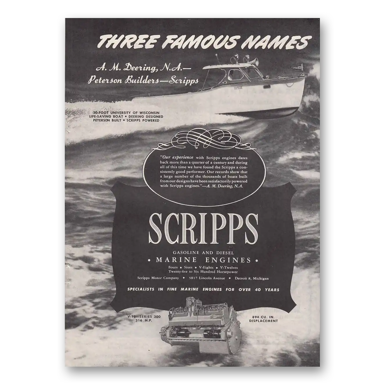 1947 Scripps Marine Engines Three Famous Names Vintage Magazine Print Ad