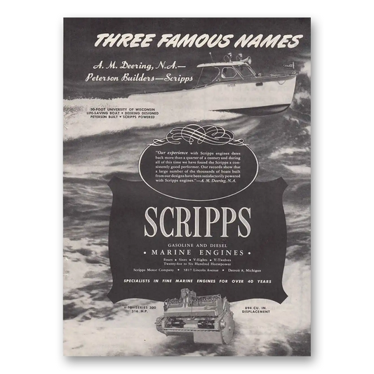 1947 Scripps Marine Engines Three Famous Names Vintage Magazine Print Ad