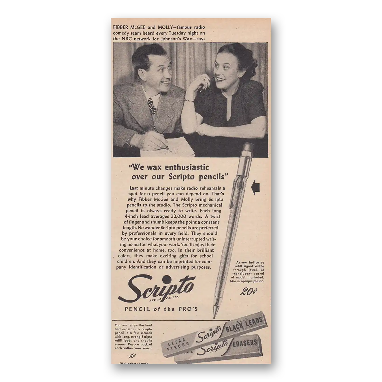 1947 Scripto Pencils Fibber McGee and Molly Vintage Magazine Print Ad