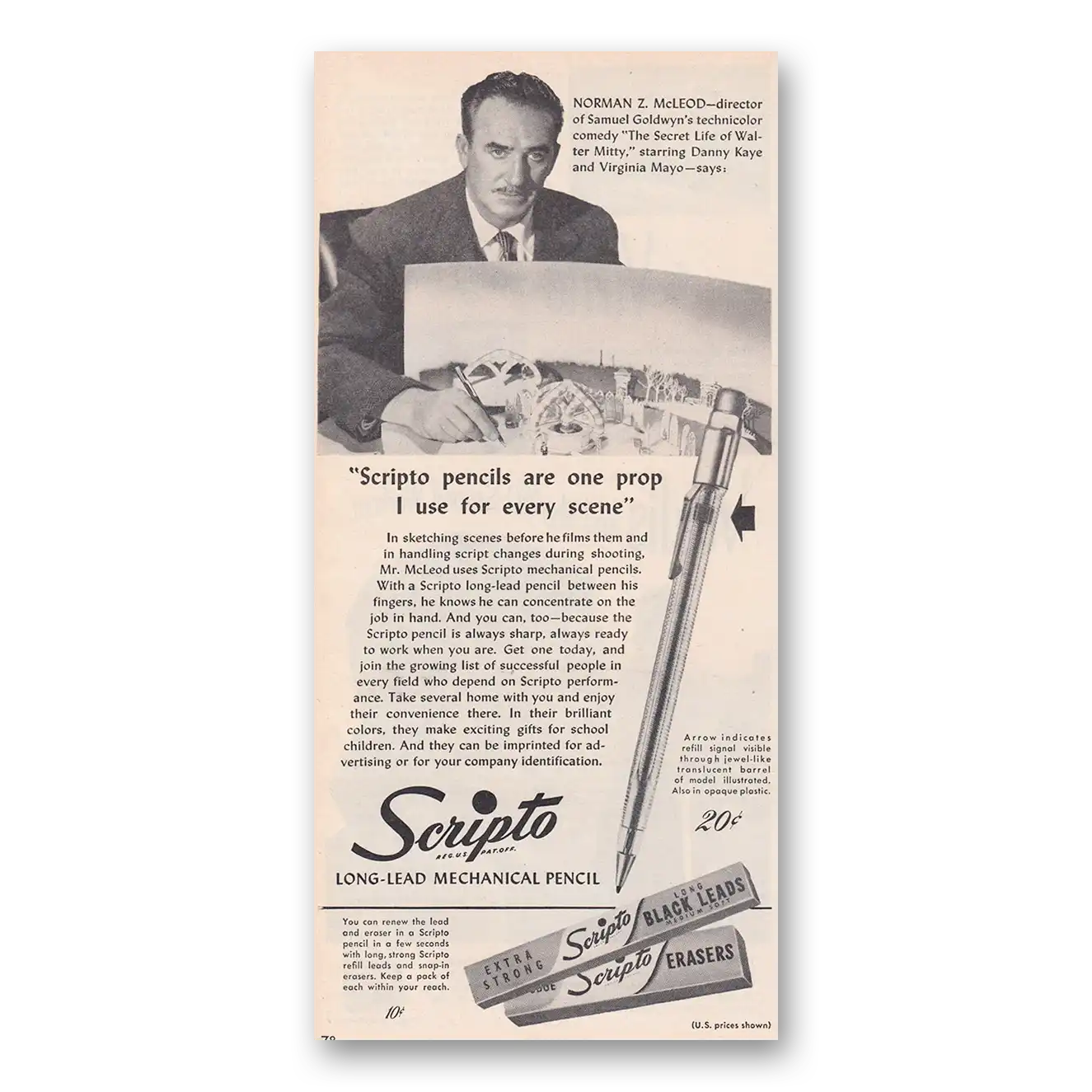 1947 Scripto Pencils One Prop I Use for Every Scene Norman Z McLeod Vintage Magazine Print Ad