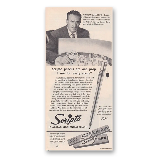 1947 Scripto Pencils One Prop I Use for Every Scene Norman Z McLeod Vintage Magazine Print Ad