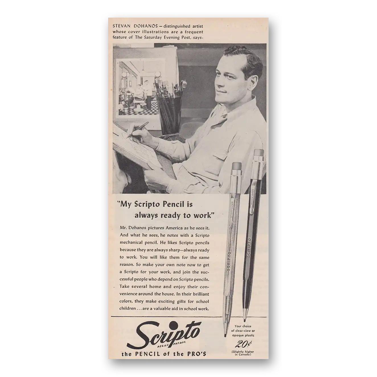 1947 Scripto Pencils Stevan Dohanos Vintage Magazine Print Ad