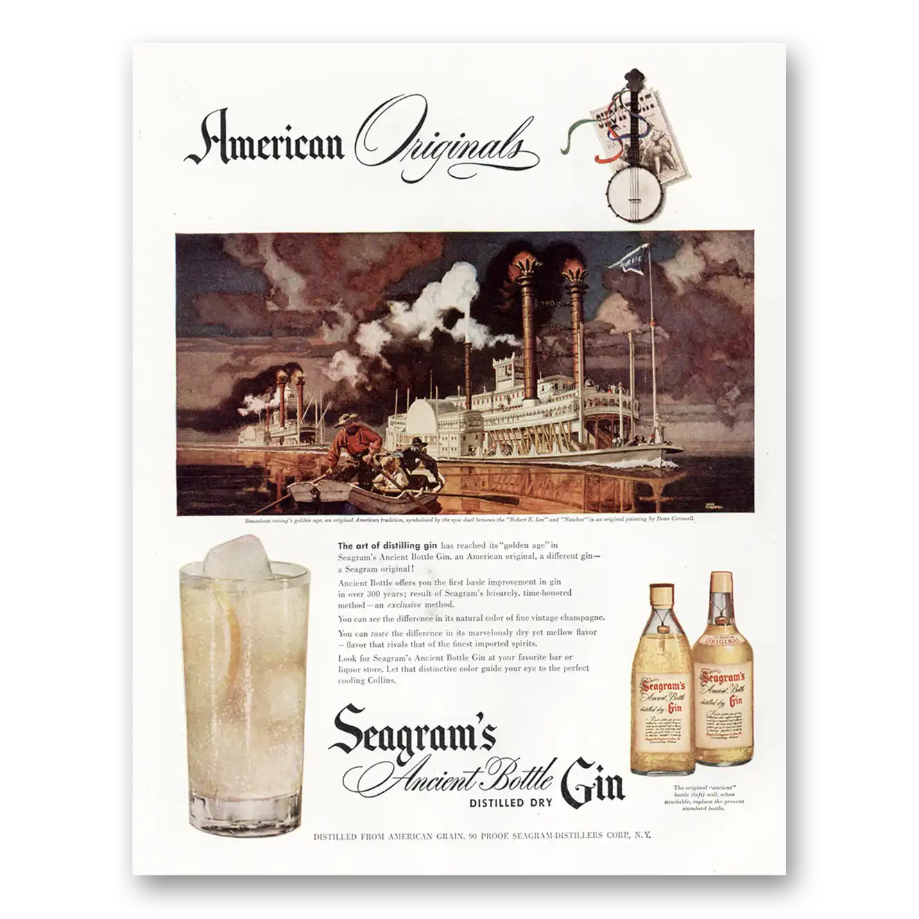 1947 Seagrams Ancient Bottle Gin Steamboat Racings Golden Age Vintage Magazine Print Ad