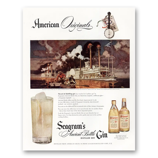 1947 Seagrams Ancient Bottle Gin Steamboat Racings Golden Age Vintage Magazine Print Ad