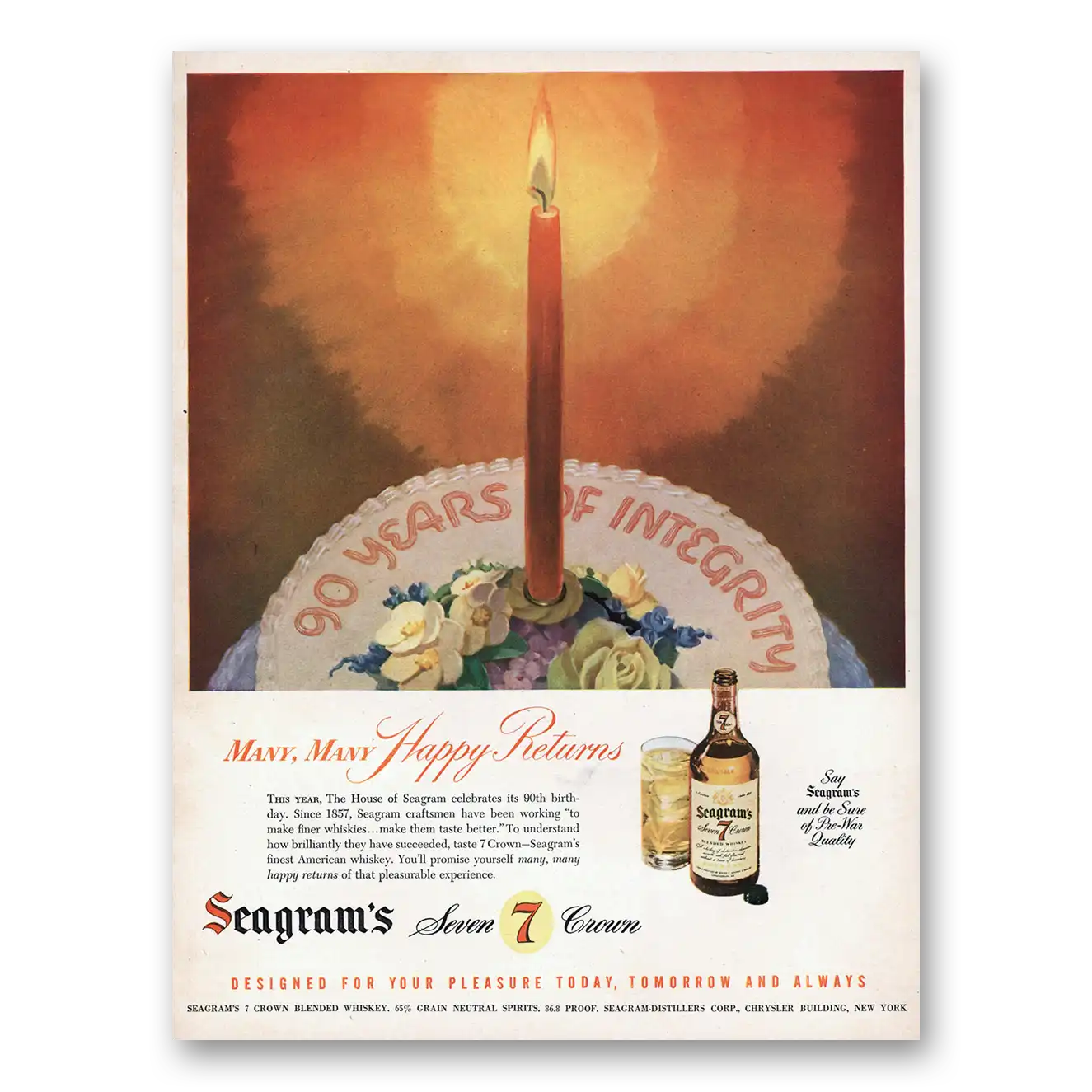 1947 Seagrams 7 Crown Whiskey Many Happy Returns 90 Years Integrity Vintage Magazine Print Ad