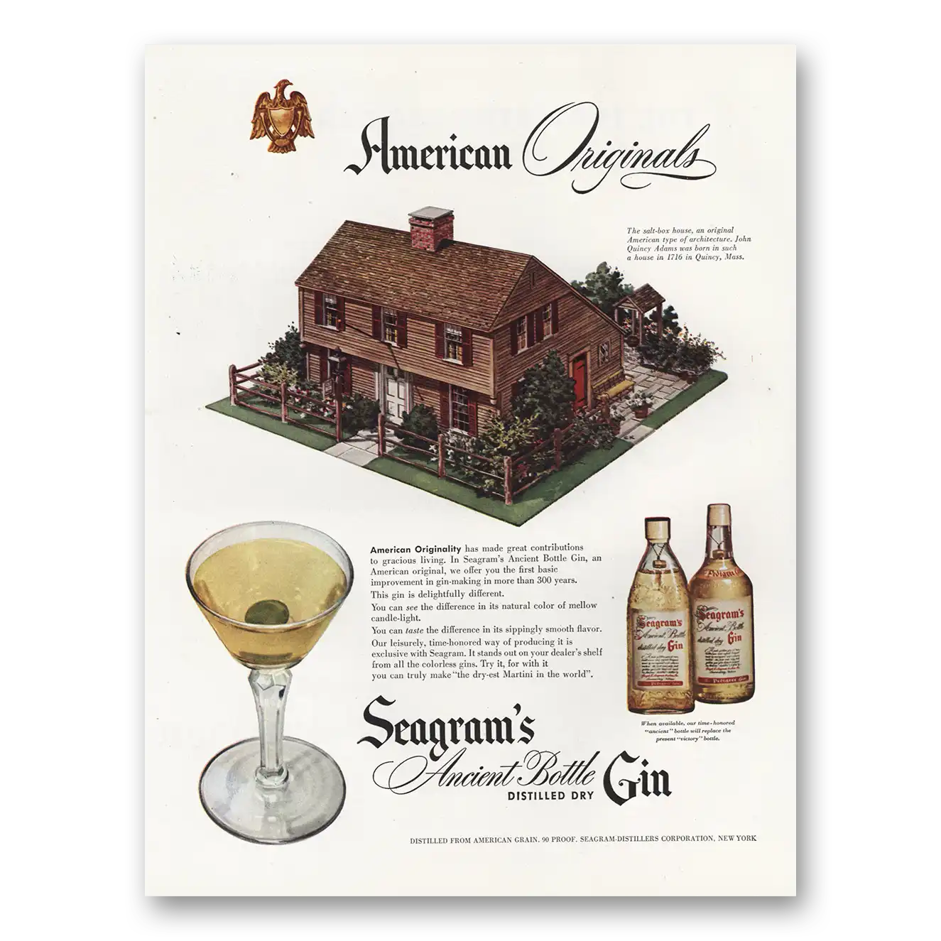 1947 Seagrams Ancient Bottle Gin Salt Box House John Quincy Adams Vintage Magazine Print Ad