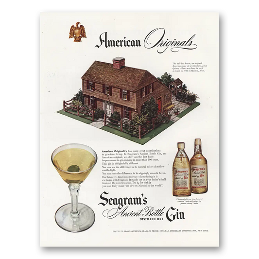 1947 Seagrams Ancient Bottle Gin Salt Box House John Quincy Adams Vintage Magazine Print Ad