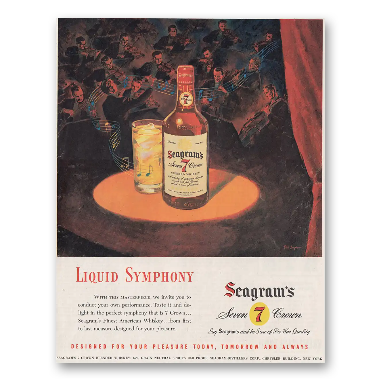 1947 Seagrams 7 Crown Whiskey Liquid Symphony Vintage Magazine Print Ad