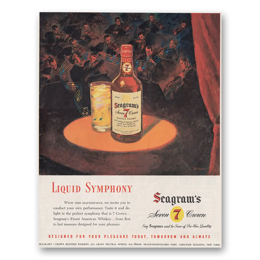 1947 Seagrams 7 Crown Whiskey Liquid Symphony Vintage Magazine Print Ad