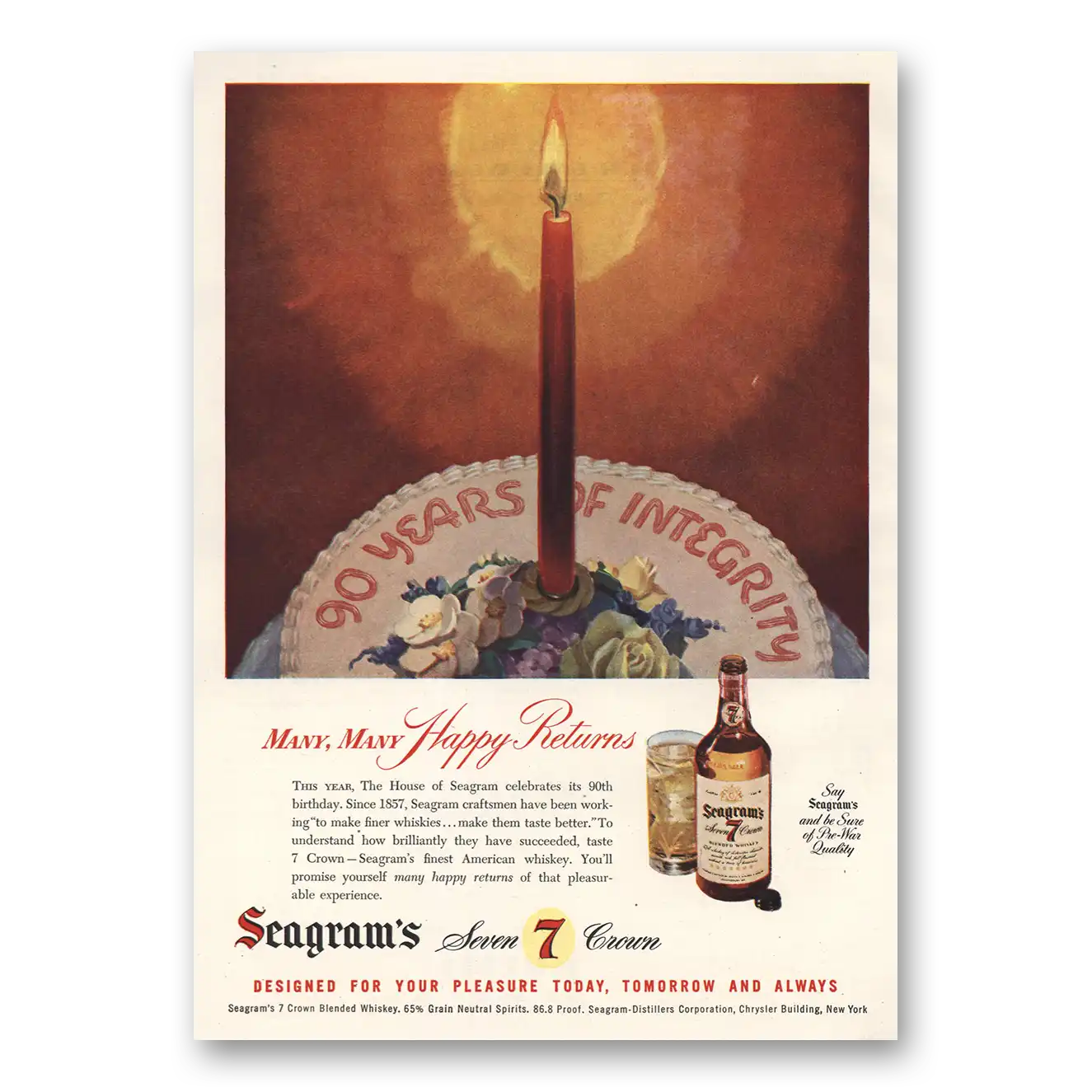 1947 Seagrams 7 Crown Whiskey Many Happy Returns Vintage Magazine Print Ad