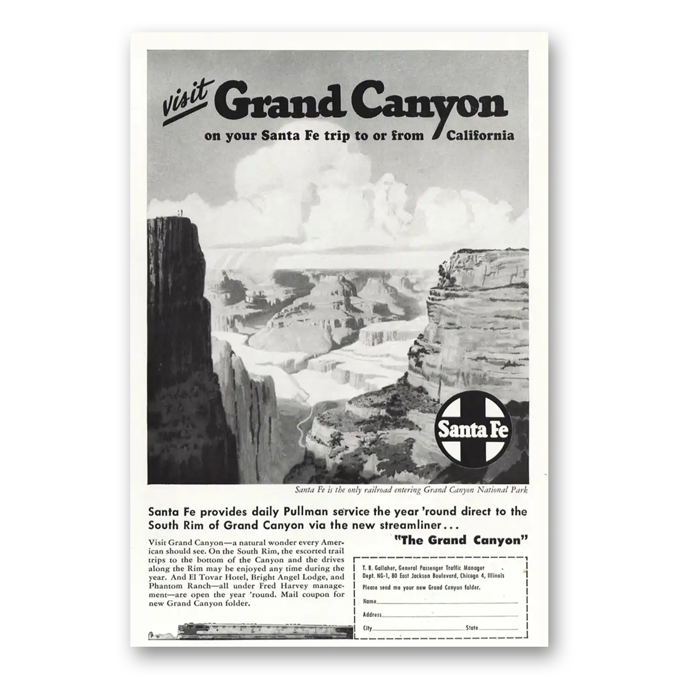 1947 Santa Fe Railway Grand Canyon Vintage Magazine Print Ad