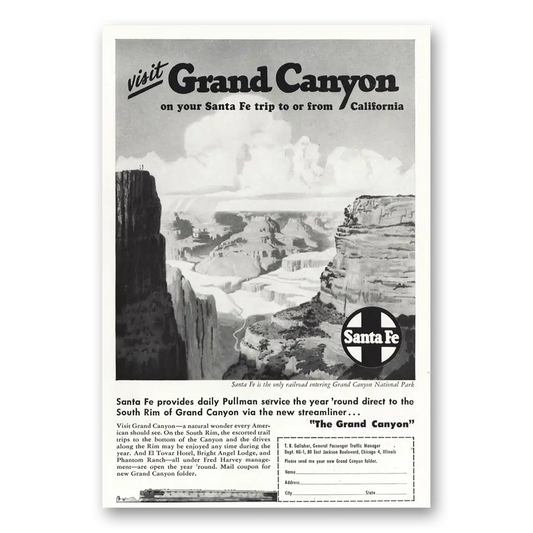 1947 Santa Fe Railway Grand Canyon Vintage Magazine Print Ad