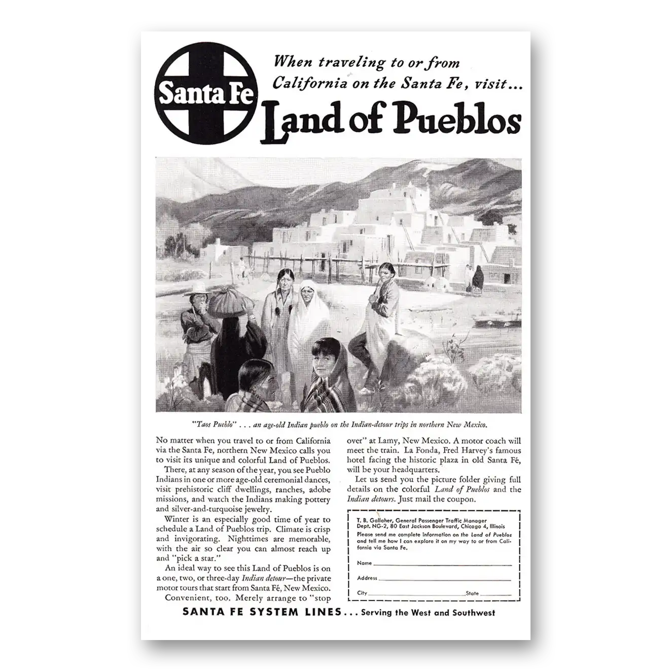 1947 Santa Fe Railway Land of Pueblos Vintage Magazine Print Ad