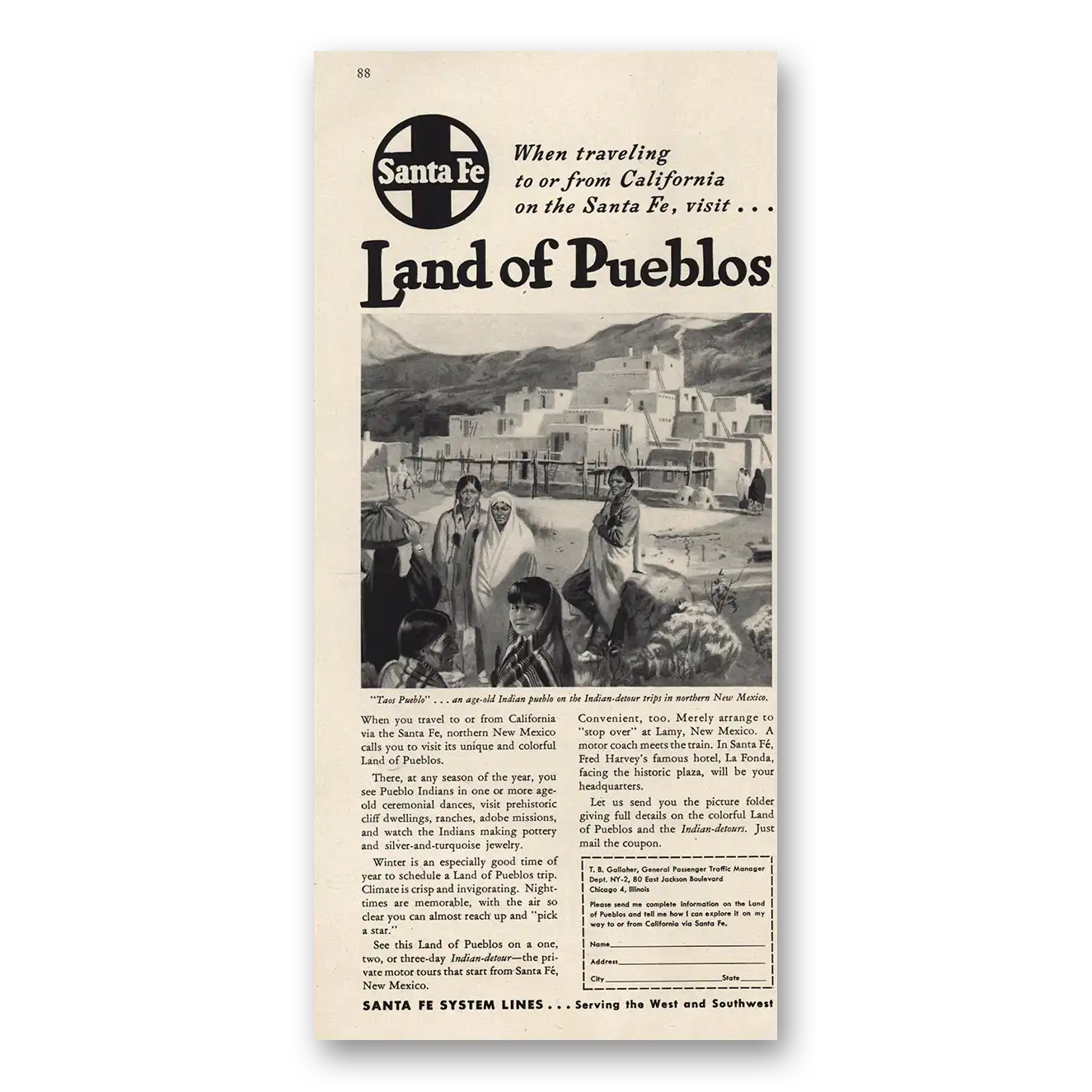 1947 Santa Fe Railway Land of Pueblos Vintage Magazine Print Ad