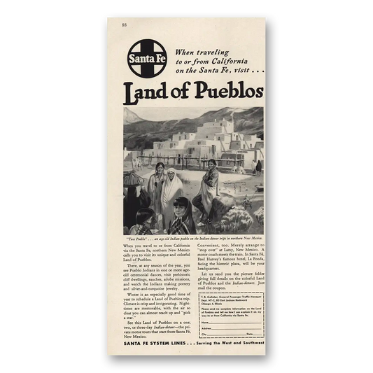 1947 Santa Fe Railway Land of Pueblos Vintage Magazine Print Ad