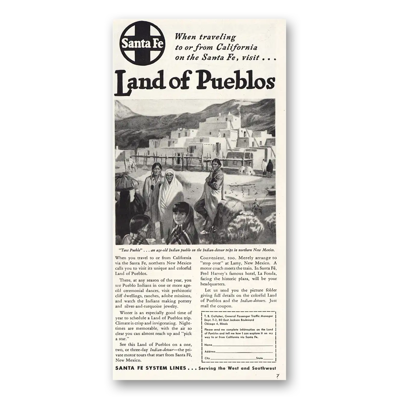 1947 Santa Fe Railway Land of  Pueblos Vintage Magazine Print Ad