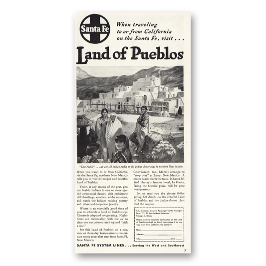 1947 Santa Fe Railway Land of  Pueblos Vintage Magazine Print Ad